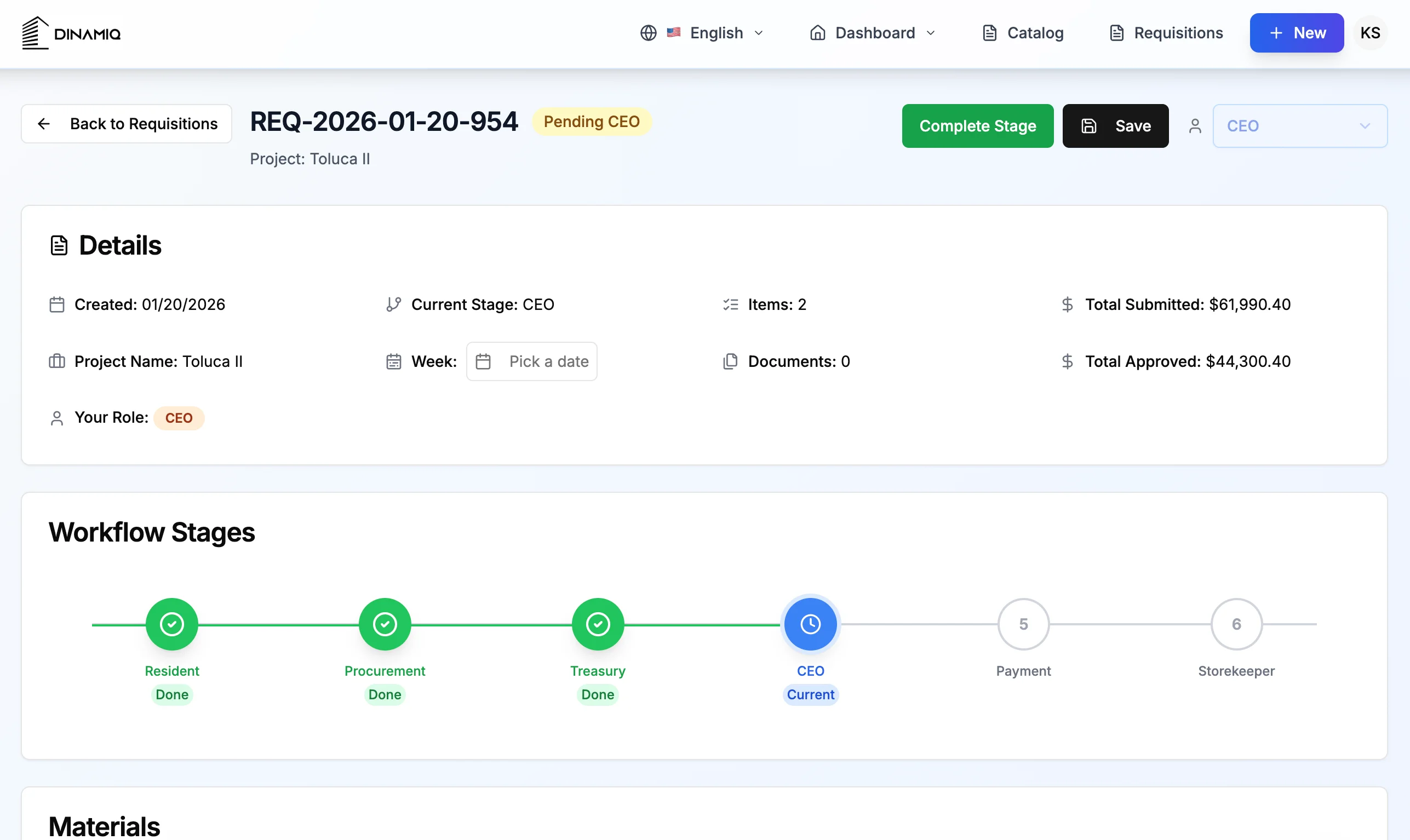 Dinamiq Requisition Record